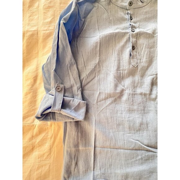 Henley Shirt Women's Sz L Gauze Popover Top Linen Cotton Adjustable Sleeve Blue - Picture 9 of 10